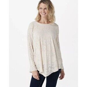 Susan Graver Burnout Jacquard Knit Top Asymmetrical Hem Tie Neck Back Size XSP